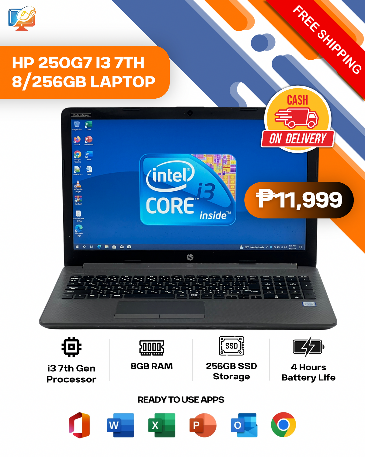 HP 250G7 I3 7TH 8/256GB LAPTOP